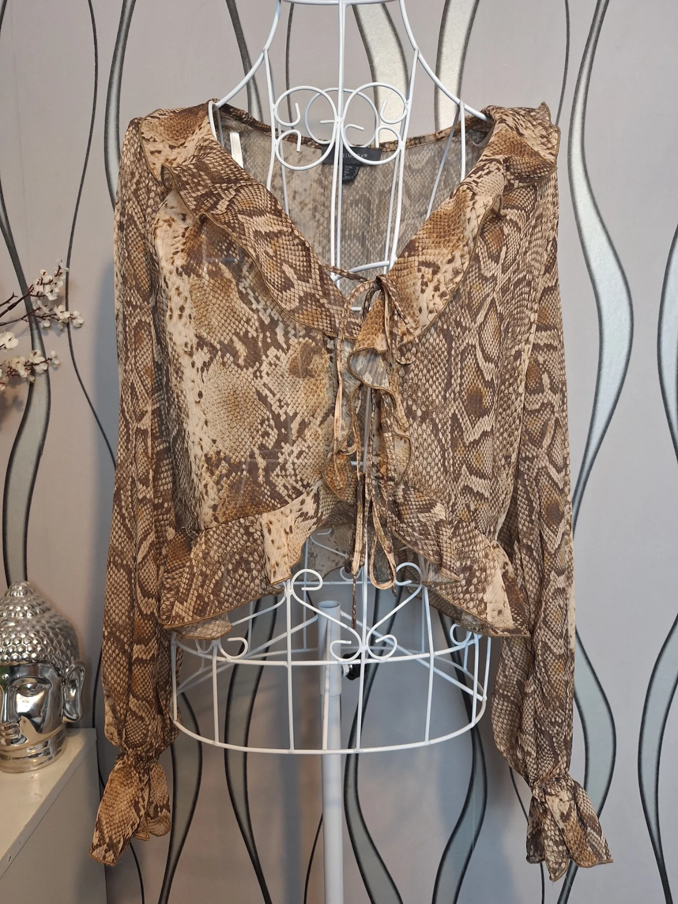 Primark Snake Print Sheer Tie Front Blouse Brown Beige Ruffle Size 14
