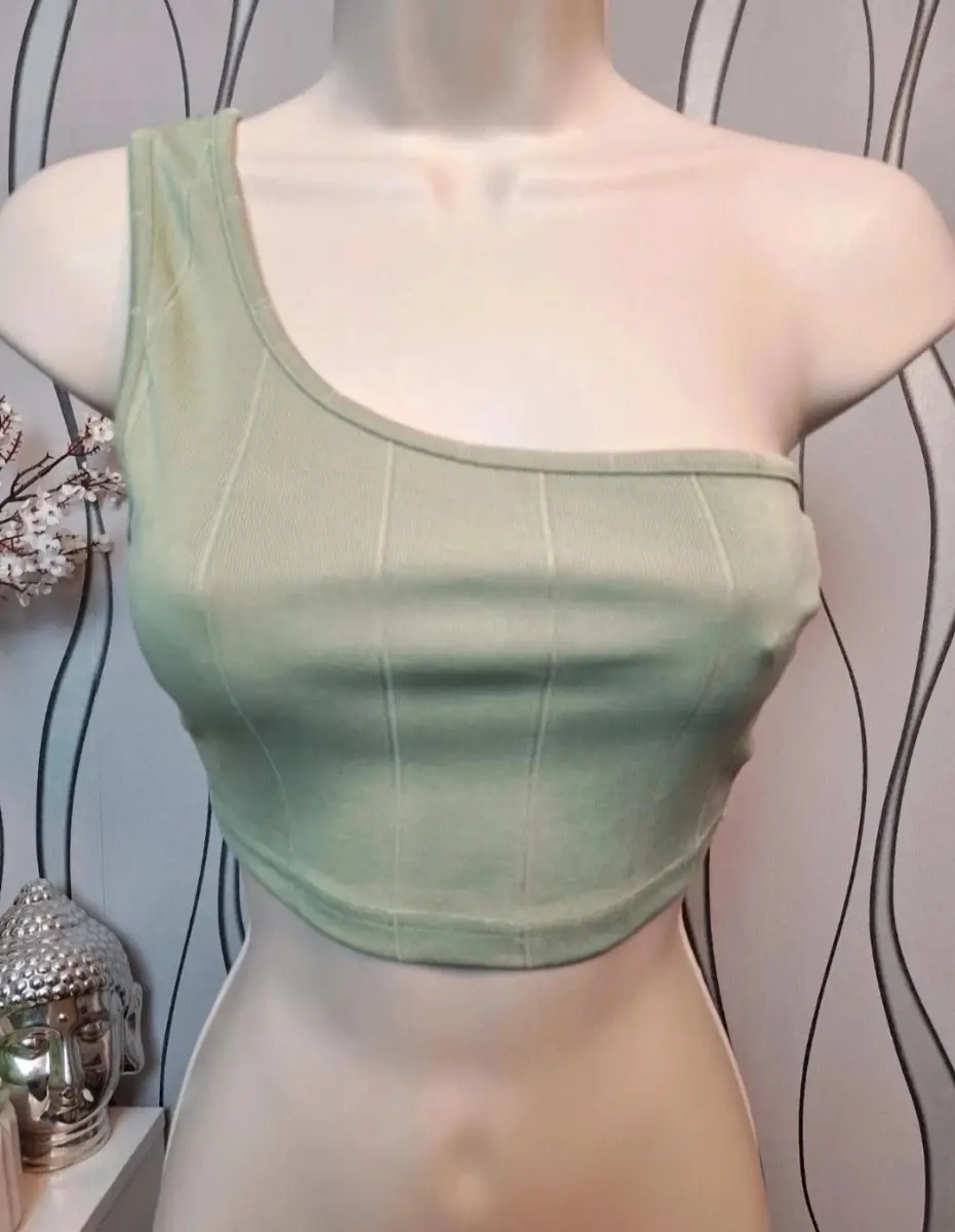 One Shoulder Crop Top Green Ribbed XS UK 4-6