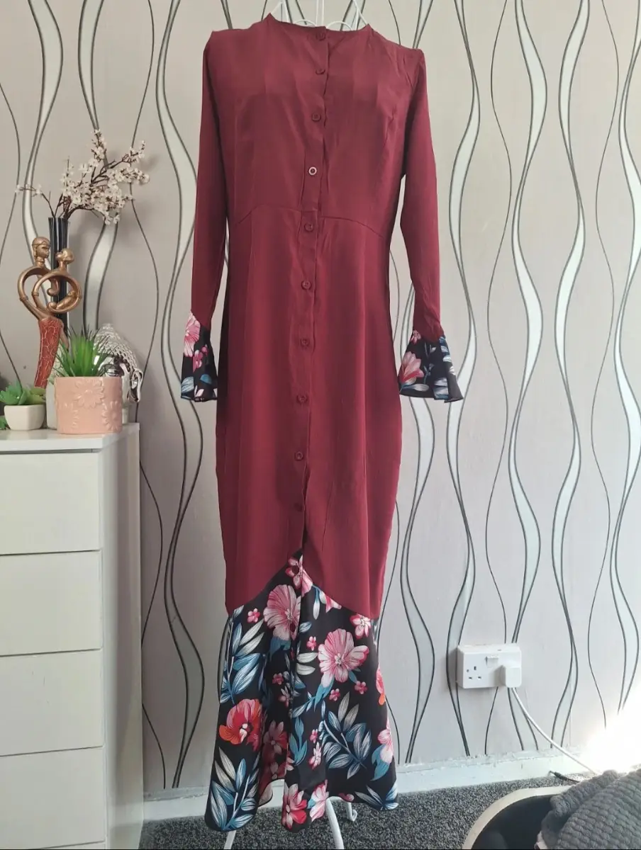 Zanzea Burgundy Floral Maxi Dress Button Through UK 12-14