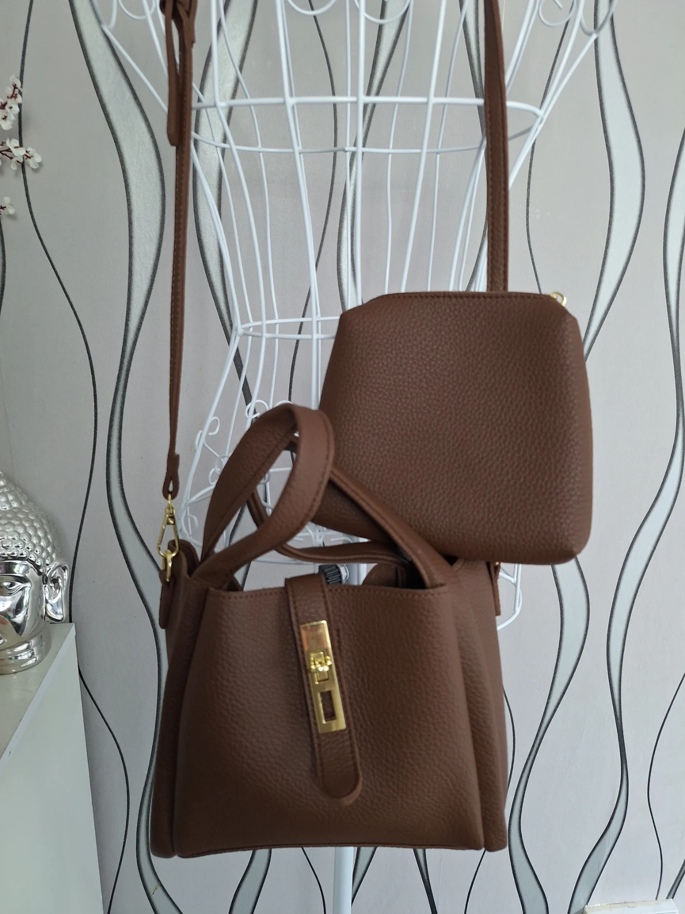 Brown Faux Leather Handbag Shoulder Bag + Cosmetic Pouch