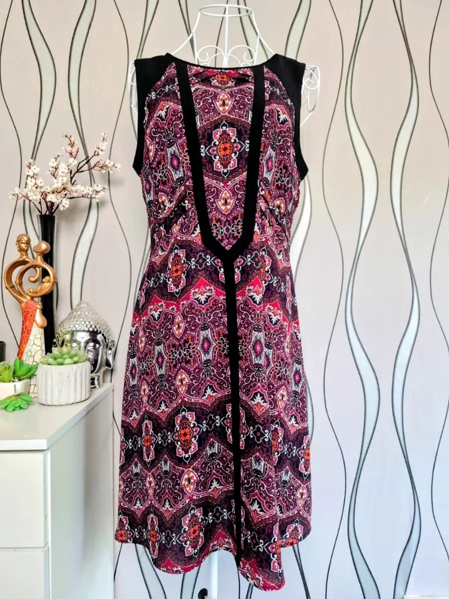Warehouse Paisley Sleeveless Midi Dress Black Purple UK 10