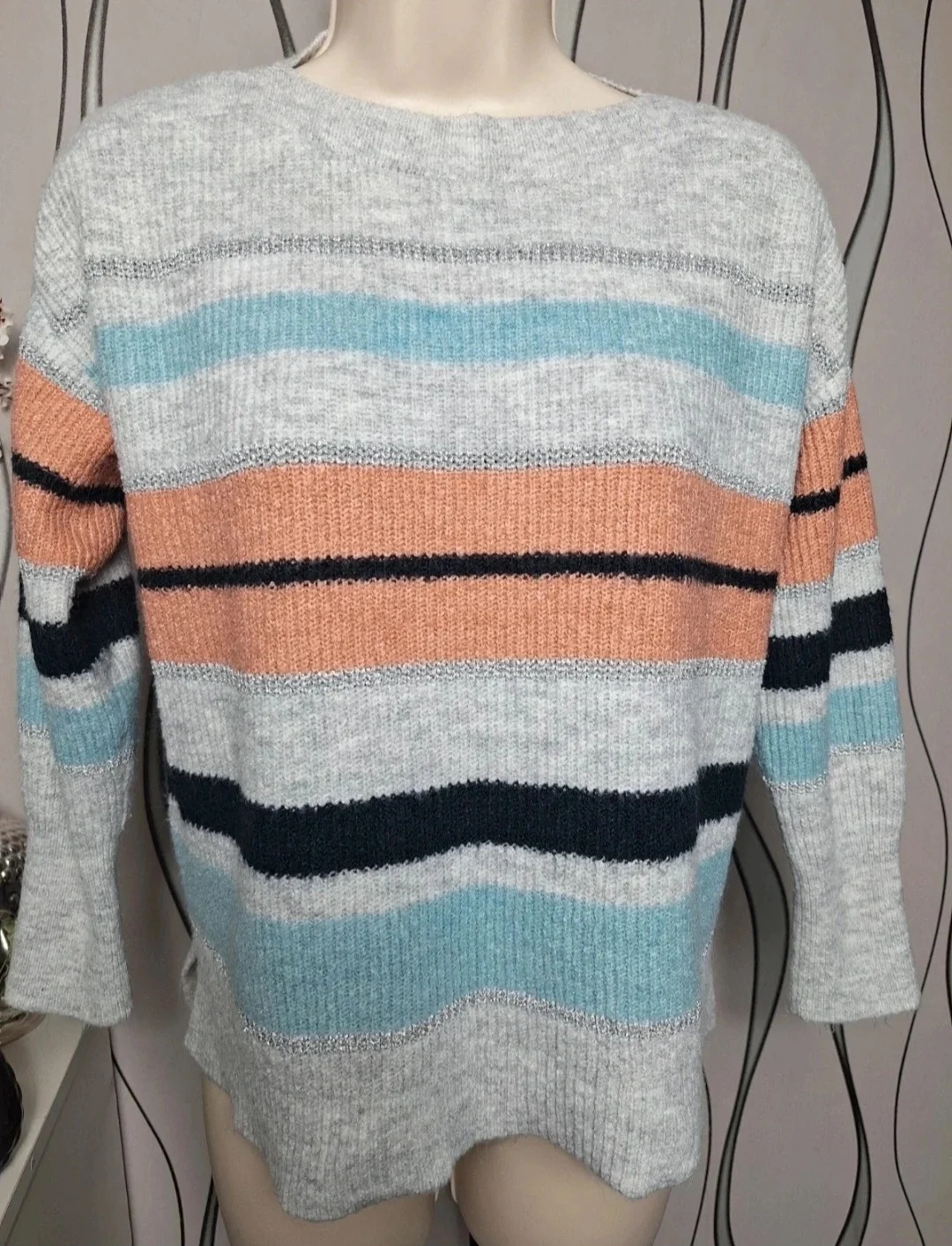 Grey Striped Knit Jumper UK 12-14 Soft Cosy Multicolour