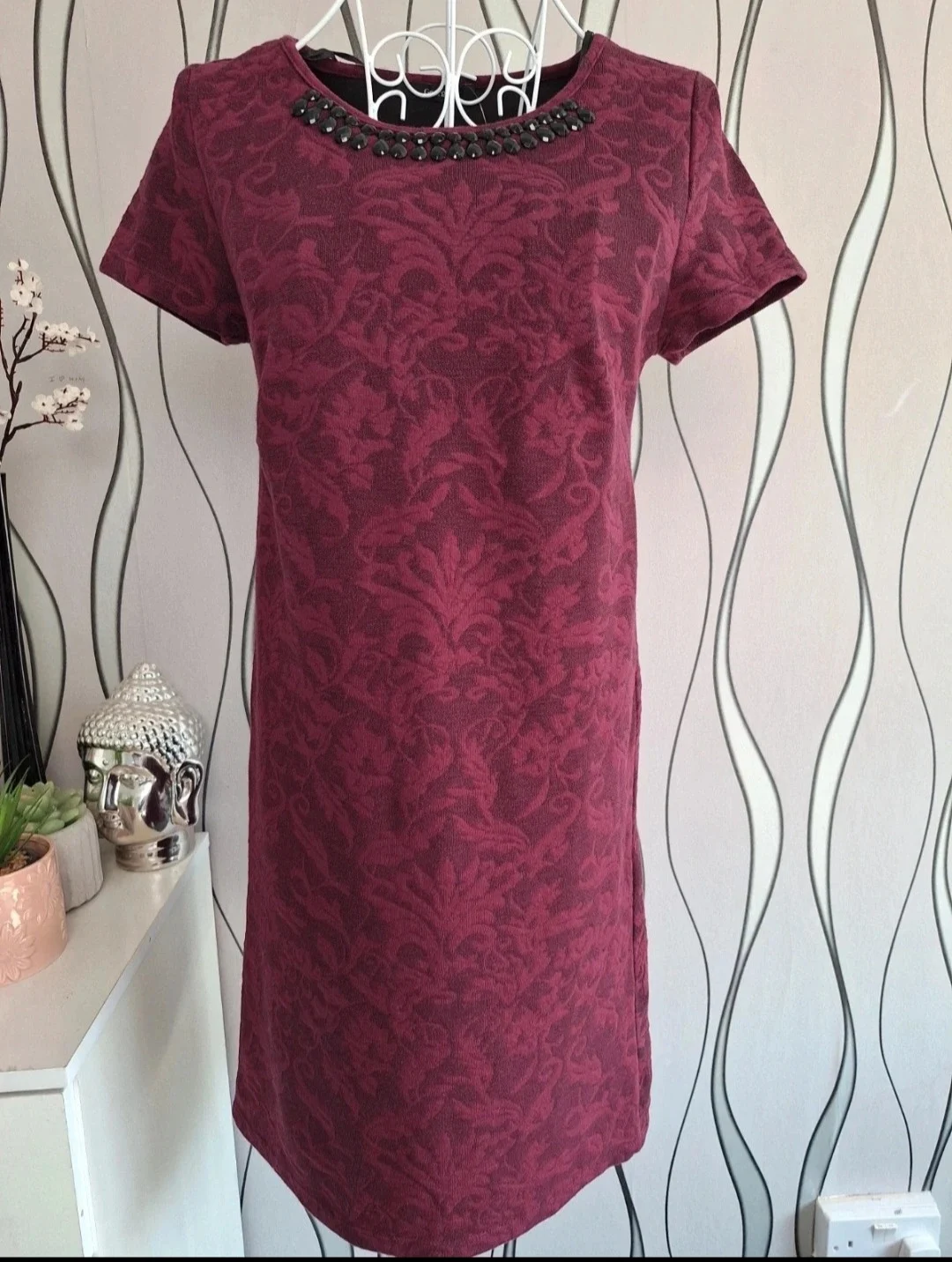 George Burgundy Patterned Dress UK 8 Embellished Neck Stretch