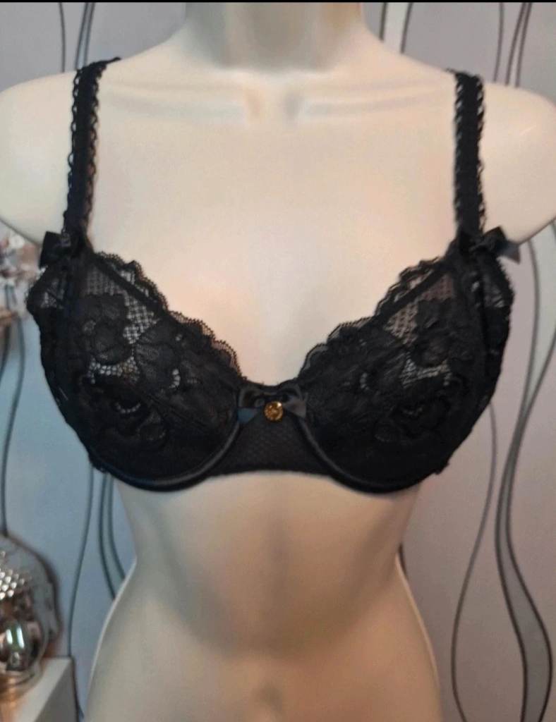Gainway Black Lace Underwired Bra 34B Floral Mesh Detail
