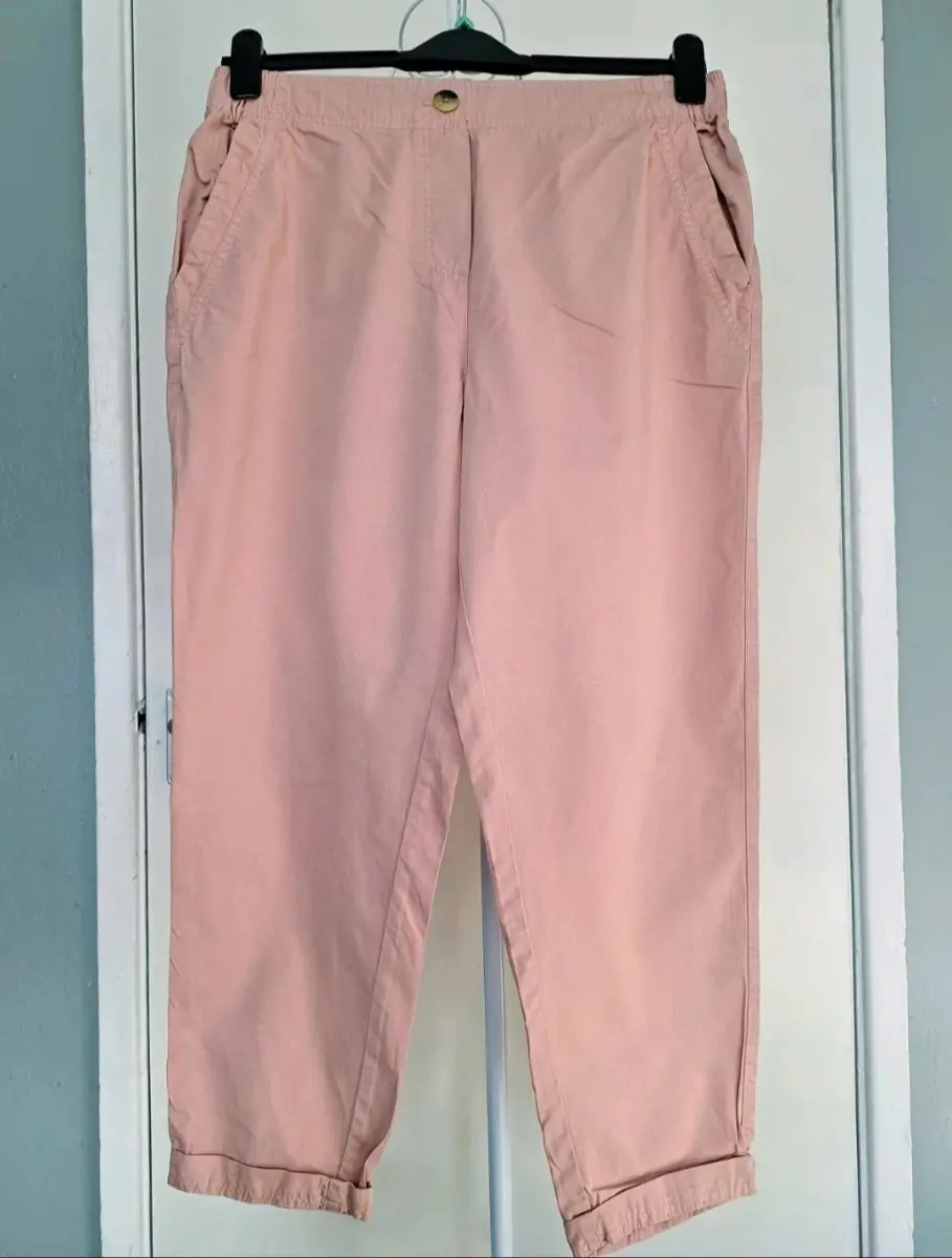 George Blush Pink Cotton Cropped Trousers Elastic Waist UK 14