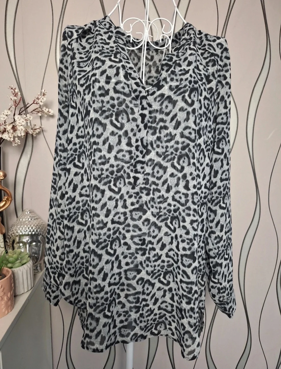 Grey Black Leopard Print Sheer Blouse Oversized Long Sleeve Tunic UK 14