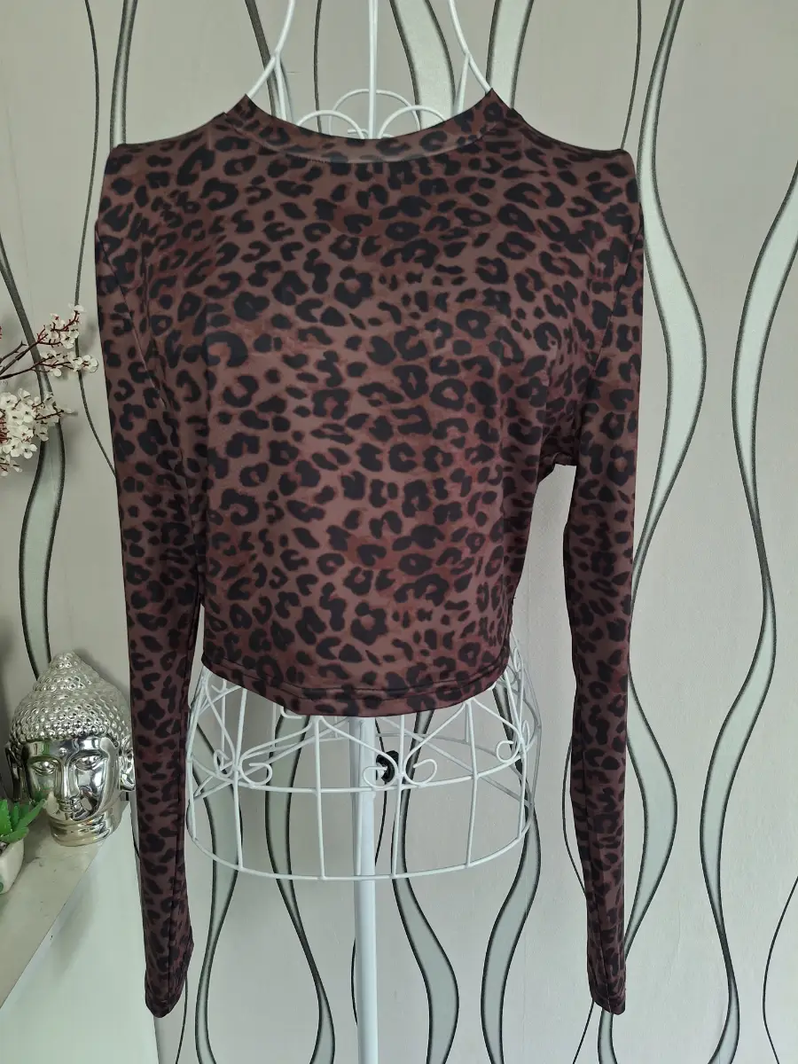 YOZY Leopard Print Long Sleeve Crop Top Brown UK 12-14