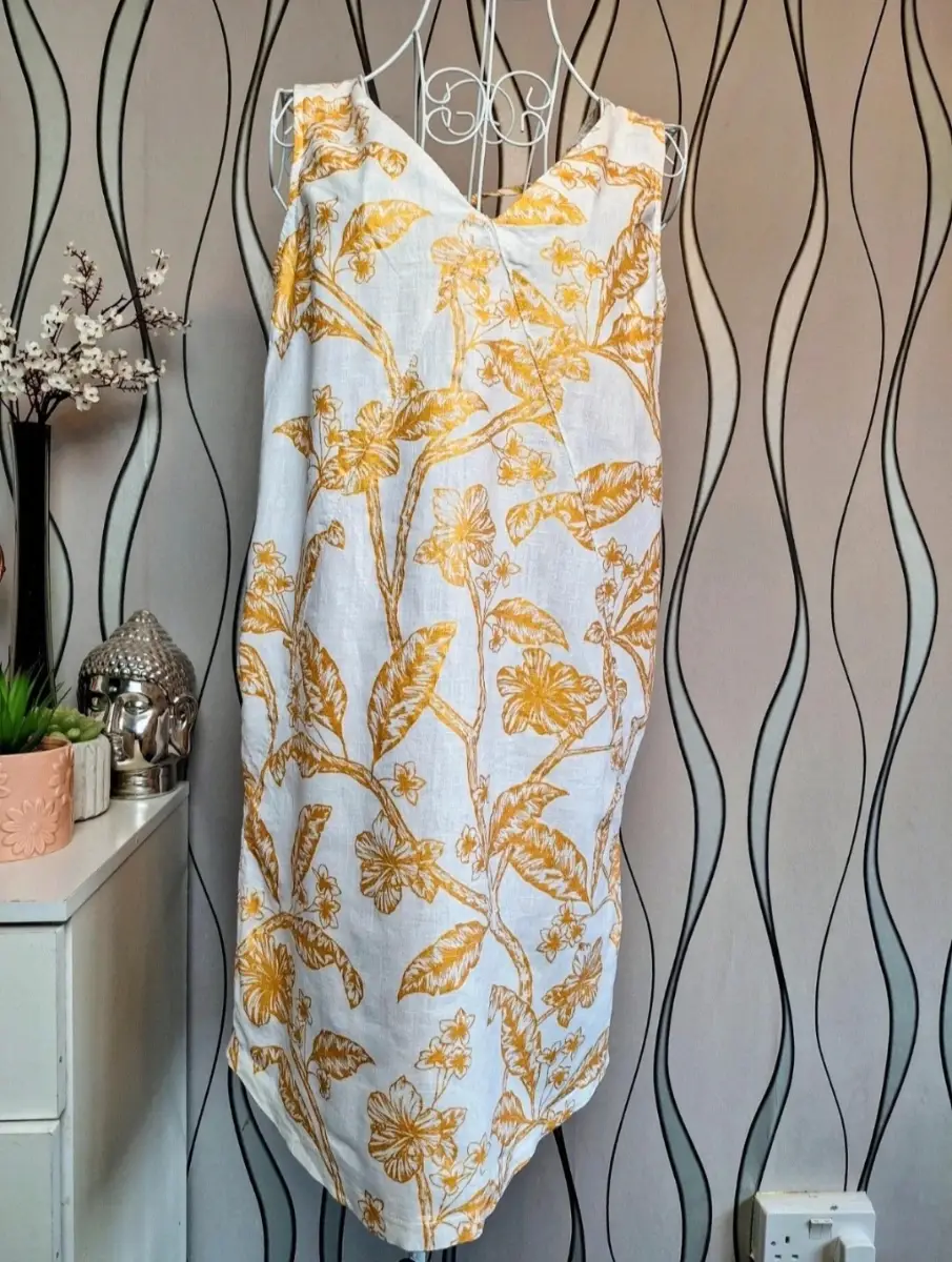 Next White Gold Floral Linen Blend Dress Sleeveless Pockets UK 10