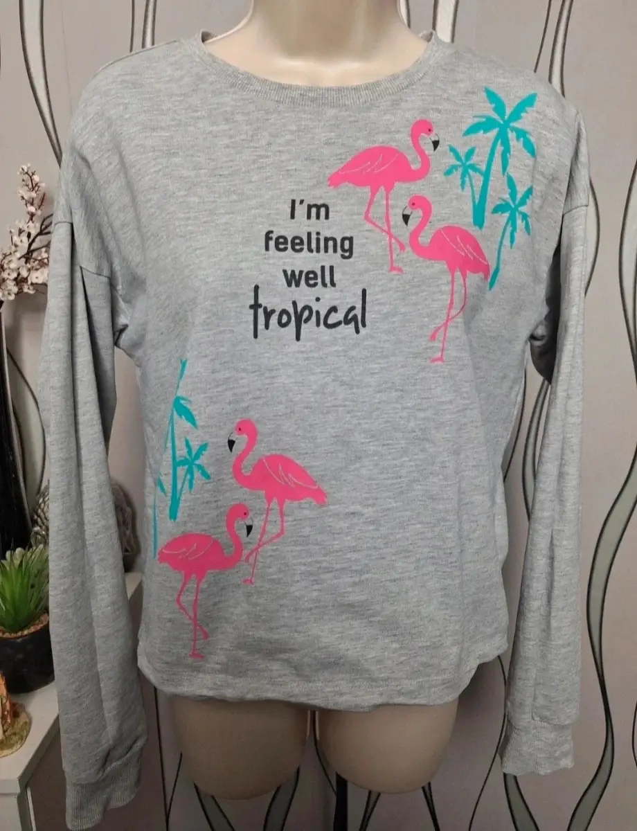 Sinsay Grey Flamingo Sweatshirt XS UK 4-6