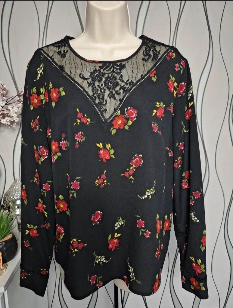 Warehouse Black Floral Lace Blouse Long Sleeve Sheer Neck UK 14