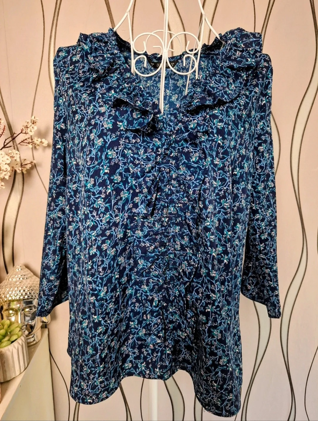Dunnes Stores Blue Floral Ruffle Blouse UK 12
