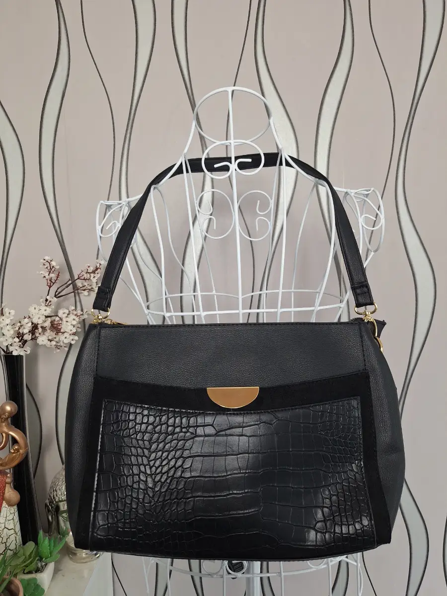 Peacocks Black Croc Effect Shoulder Bag Gold Detail