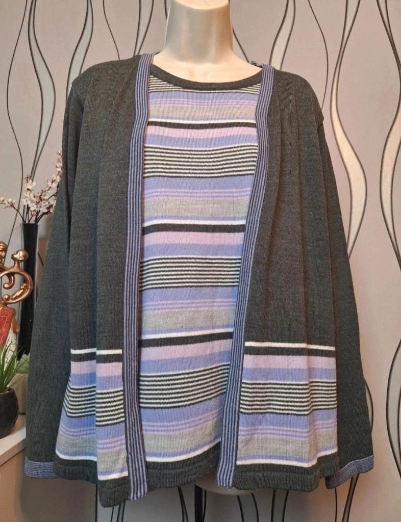 Honor Millburn Grey Lilac Striped Open Front Cardigan UK 18 20