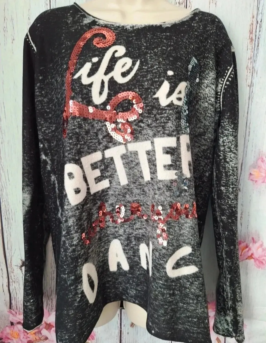 Frogbox Grey Black Sequin Slogan Jumper L UK 16-18