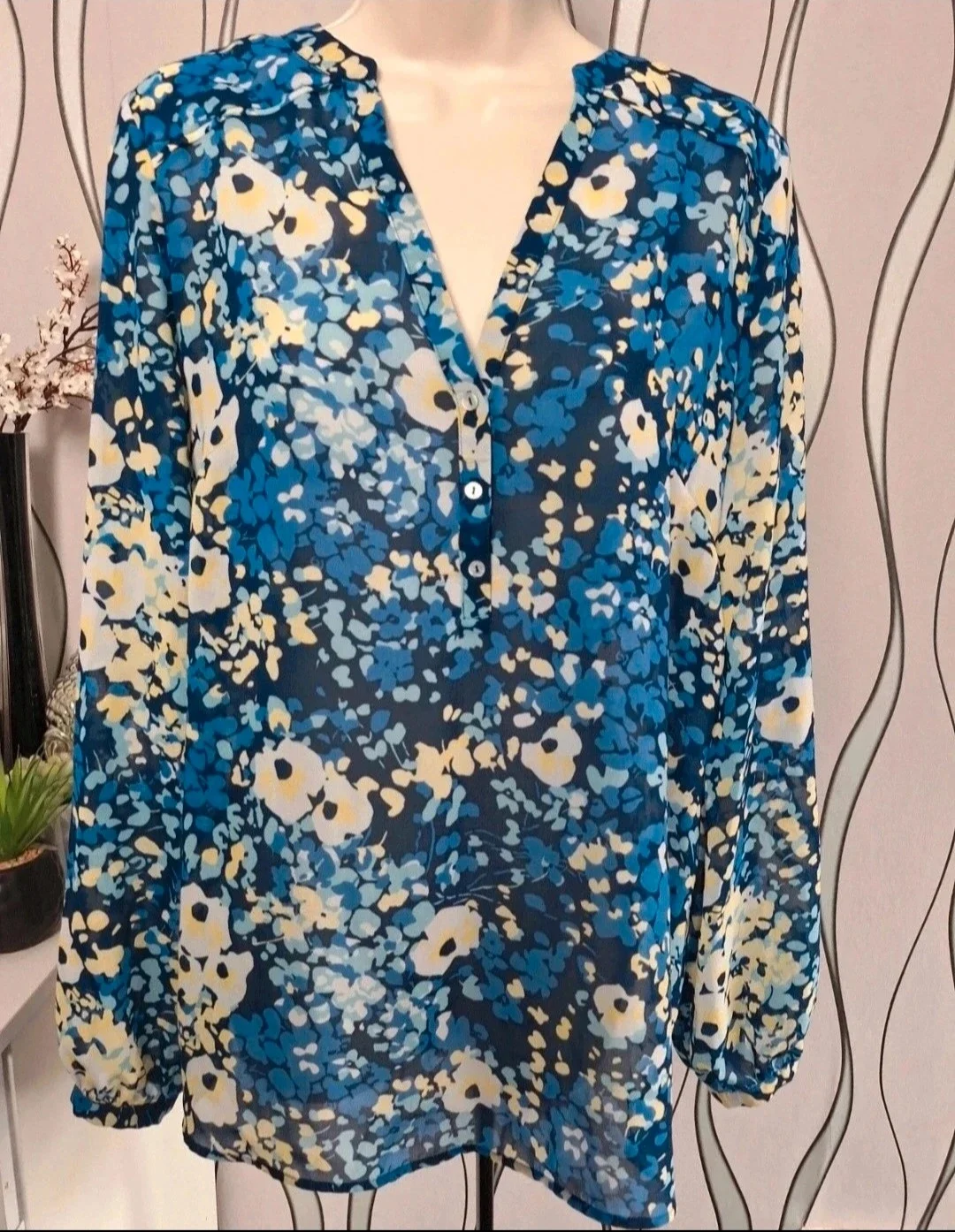 Monsoon Blue Yellow Floral Blouse V-Neck Long Sleeve UK 12