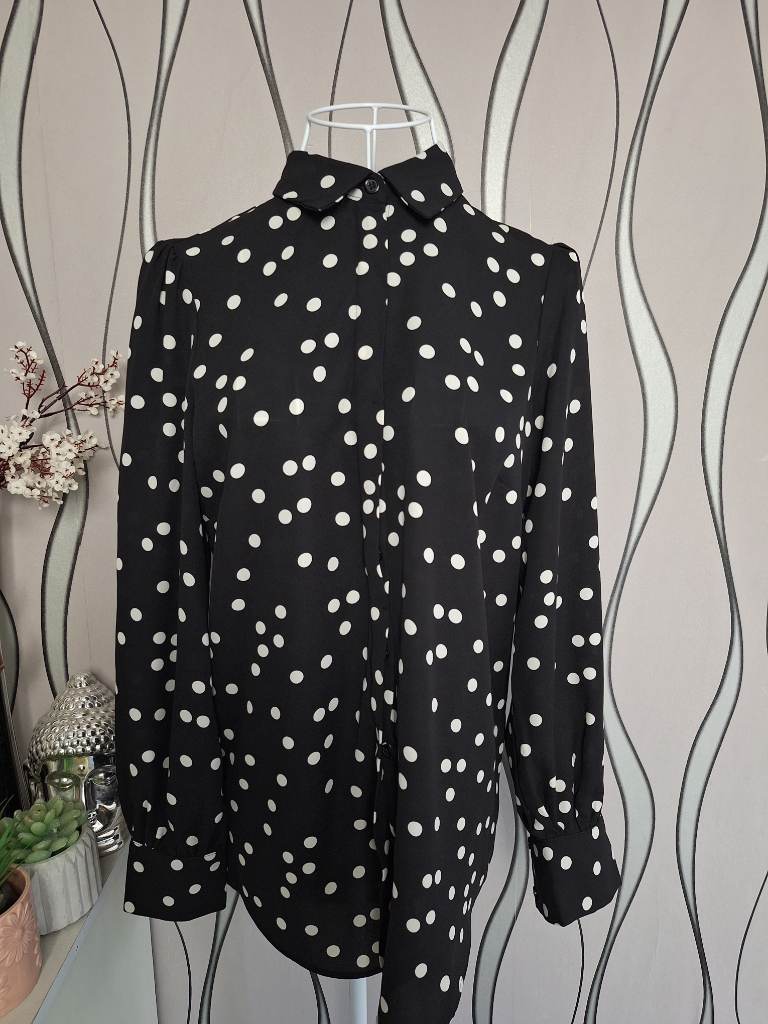 New Look Black White Polka Dot Longline Blouse Shirt UK 10