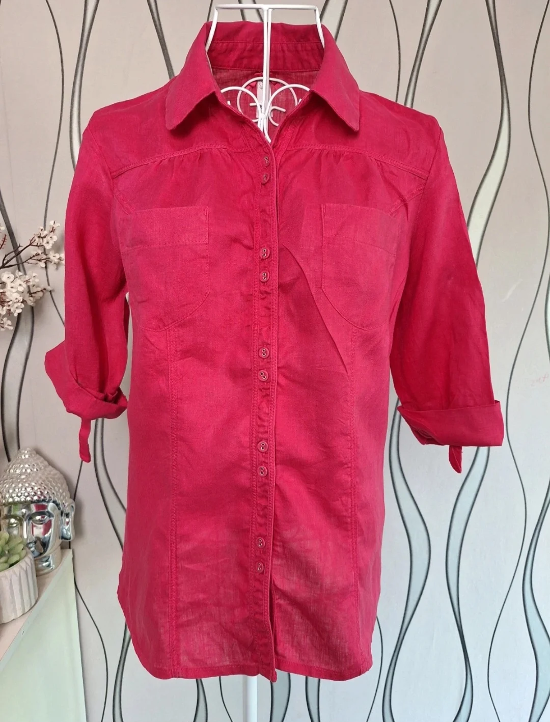 Next 100% Linen Pink Shirt Blouse UK 10 Roll Sleeve