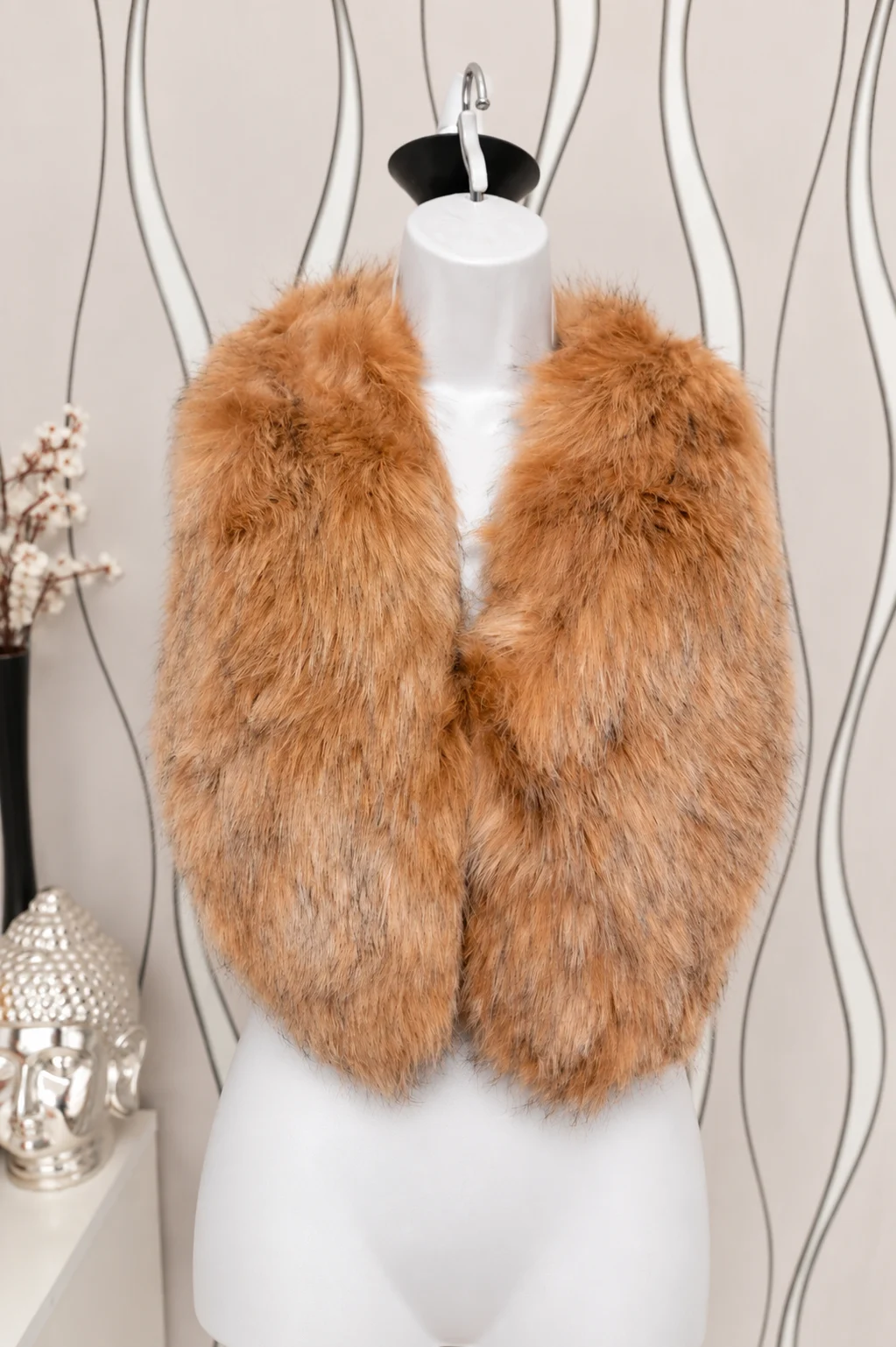 Camel Brown Faux Fur Gilet Vest Cropped UK 12-14 New With Tags