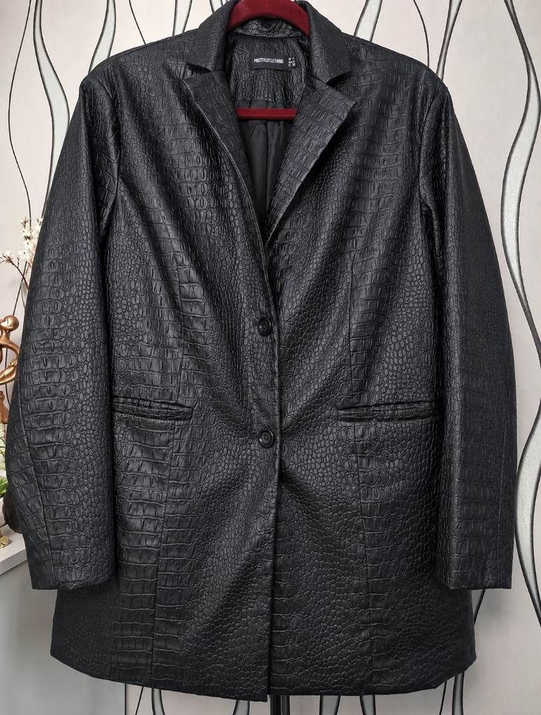 PrettyLittleThing Black Croc Faux Leather Jacket Oversized UK 12