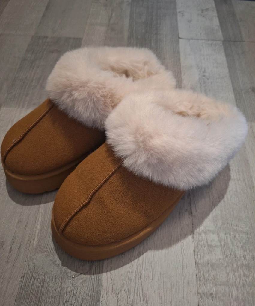 Faux Fur Platform Slippers Brown UK 4
