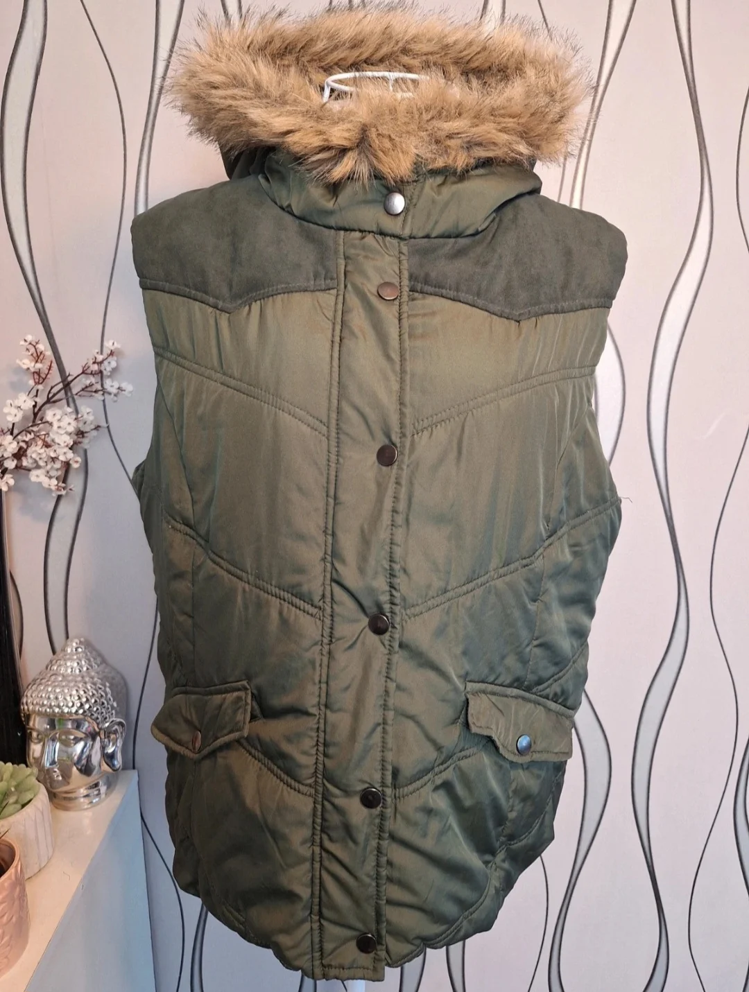 Dorothy Perkins Khaki Padded Gilet Faux Fur Hood M UK 14