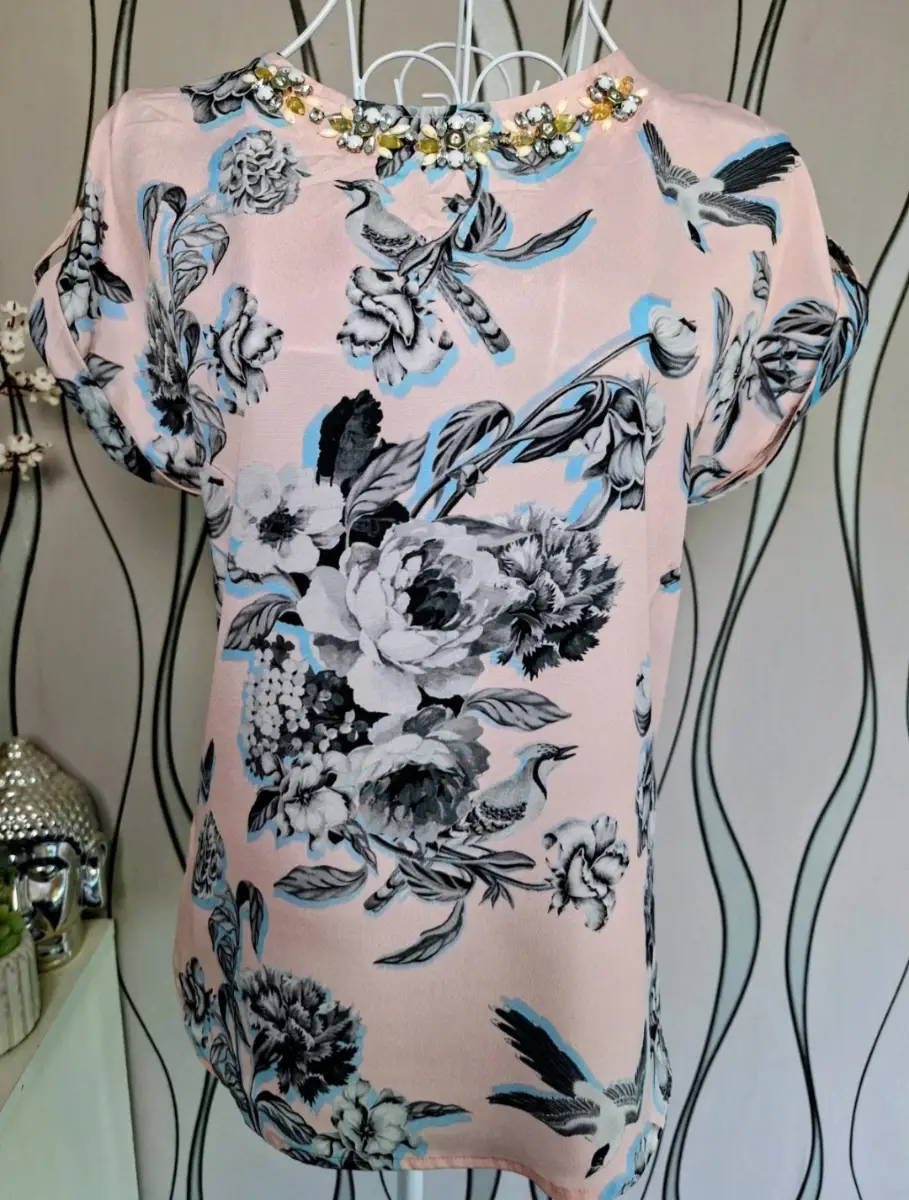 Warehouse Pink Floral Bird Embellished Blouse UK 8 Elegant Top