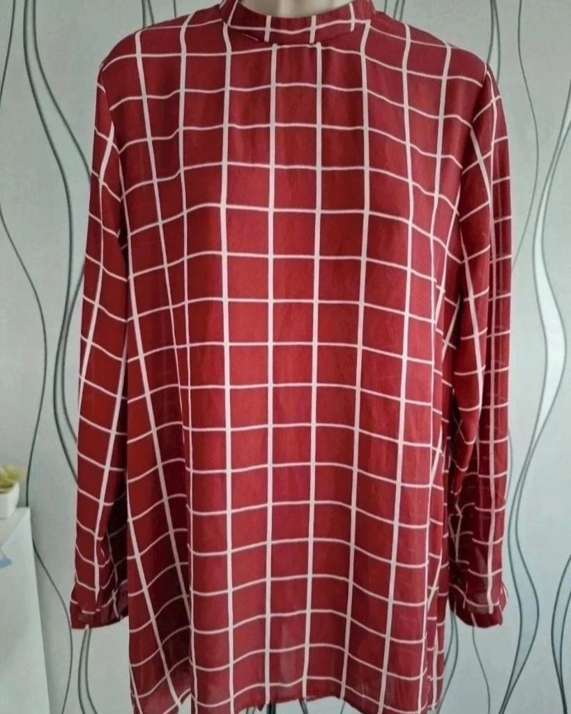 Primark Women's Burgundy White Check Blouse Size  UK 12