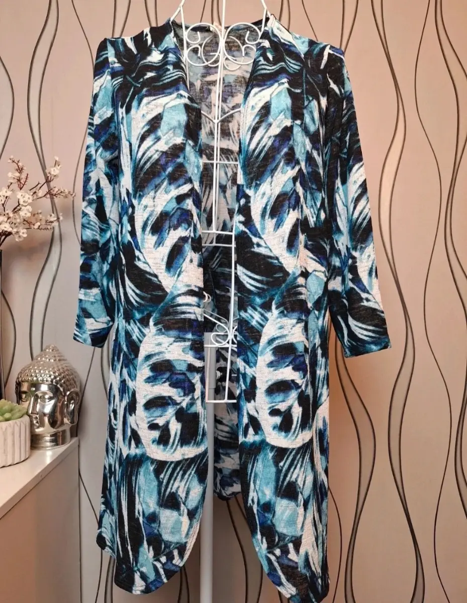 Kim & Co Blue Abstract Print Lightweight 3/4 Sleeve Cardigan XS