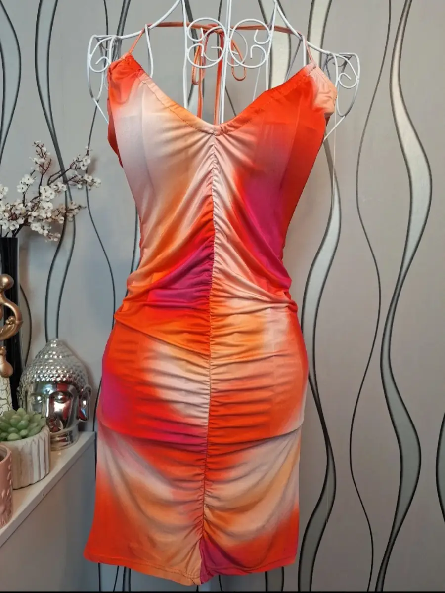 Stradivarius Orange Pink Ombre Ruched Bodycon Dress UK 6–8