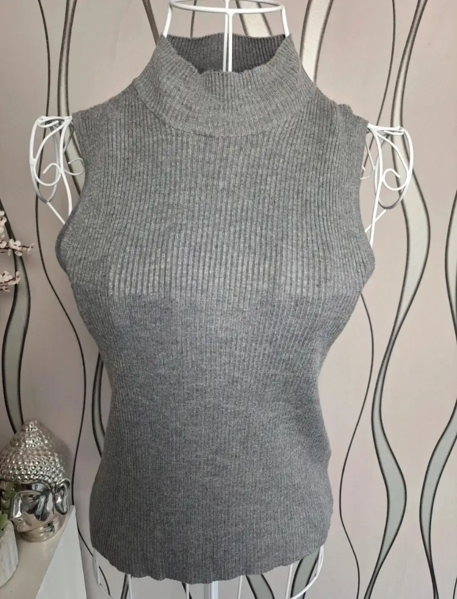 Atmosphere Grey Ribbed Sleeveless High Neck Top UK 10 Stretch