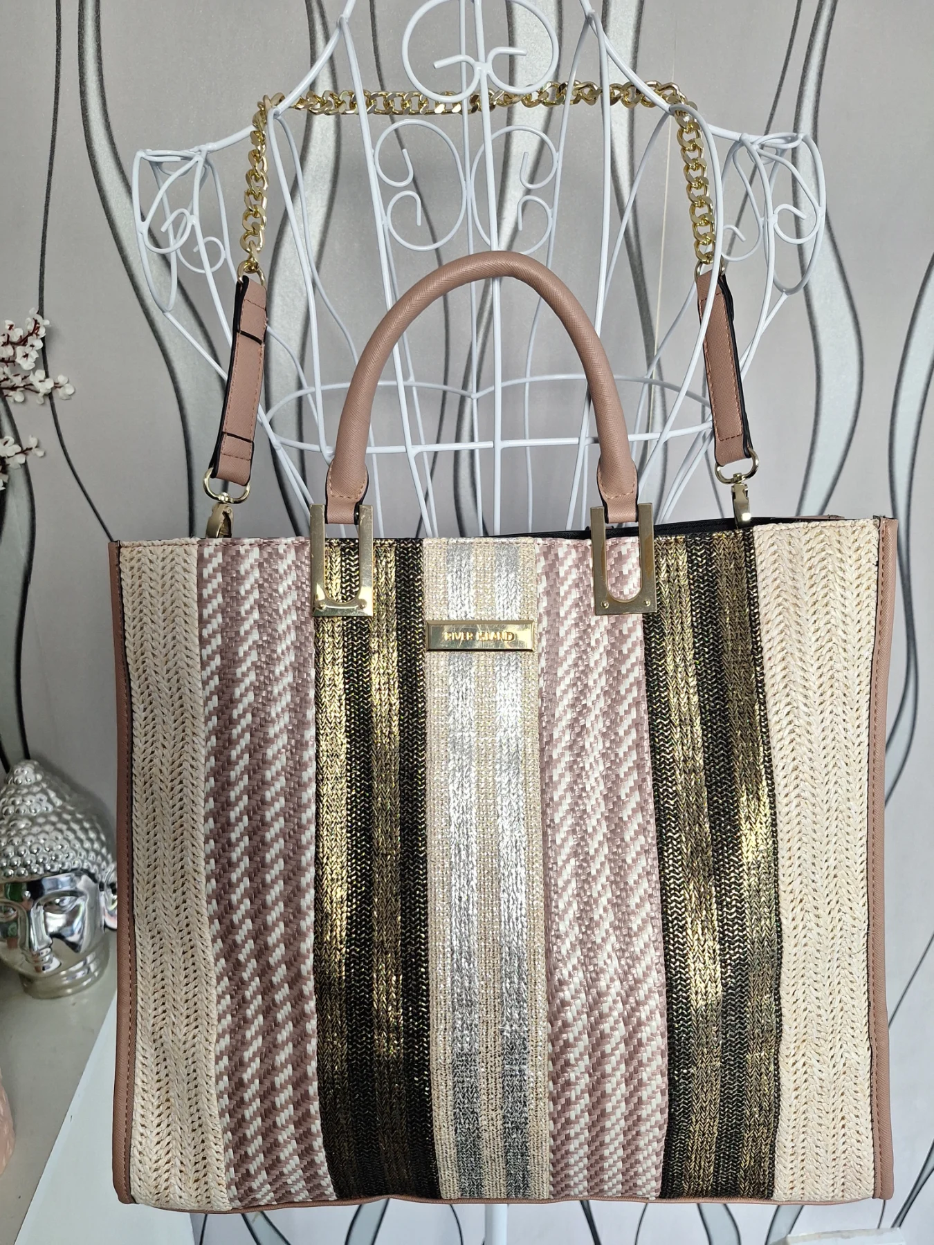 River Island Large Woven Tote Shopper Bag Neutral Gold Pink