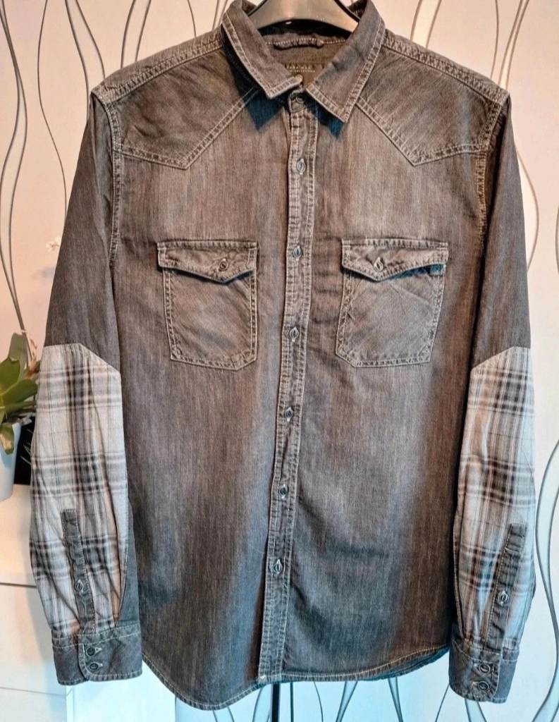Zara Man Grey Denim Shirt Plaid Sleeve Detail Size M