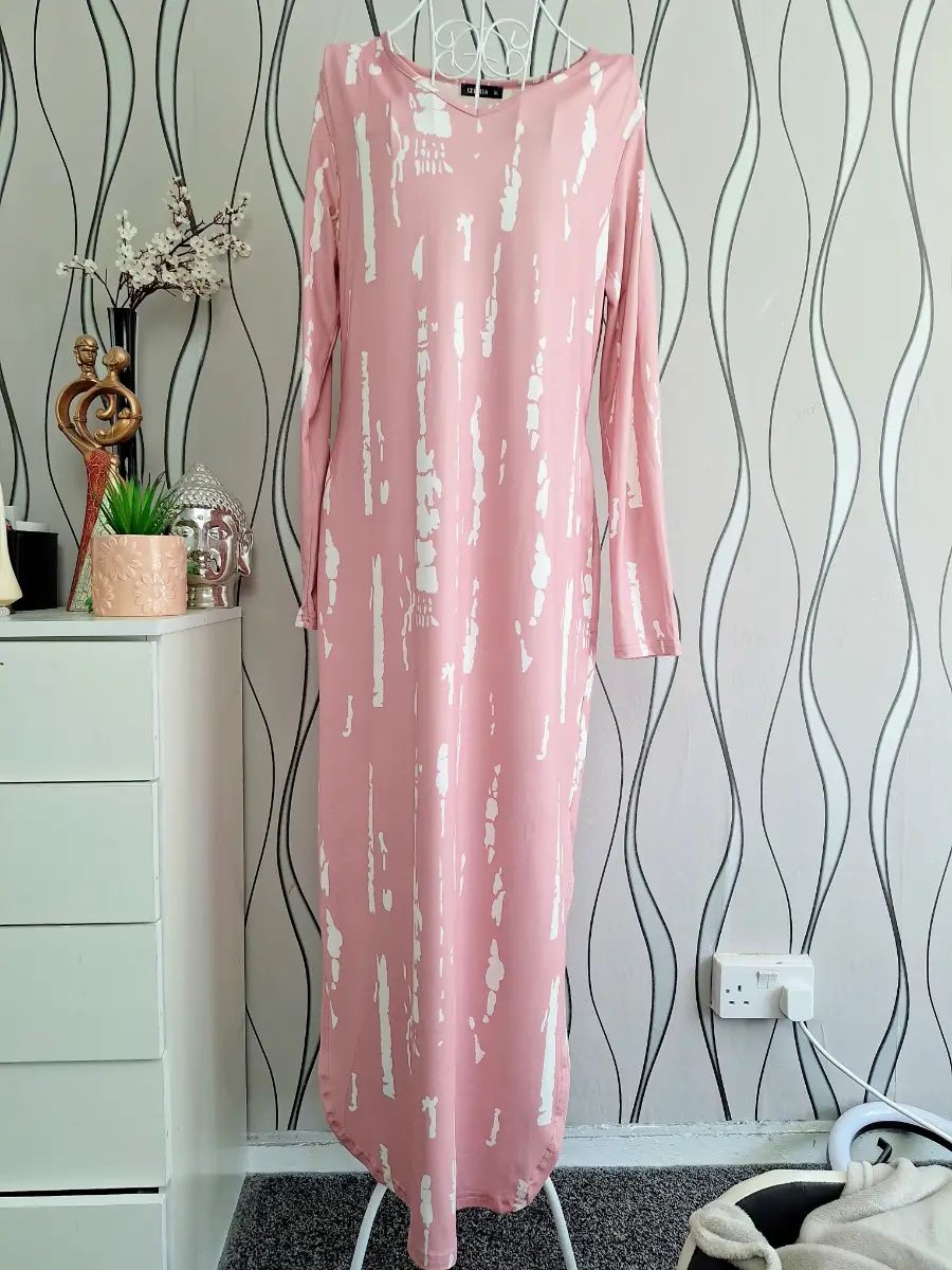 Izuria Pink White Abstract Print Maxi Dress With Pockets XL UK 16-18