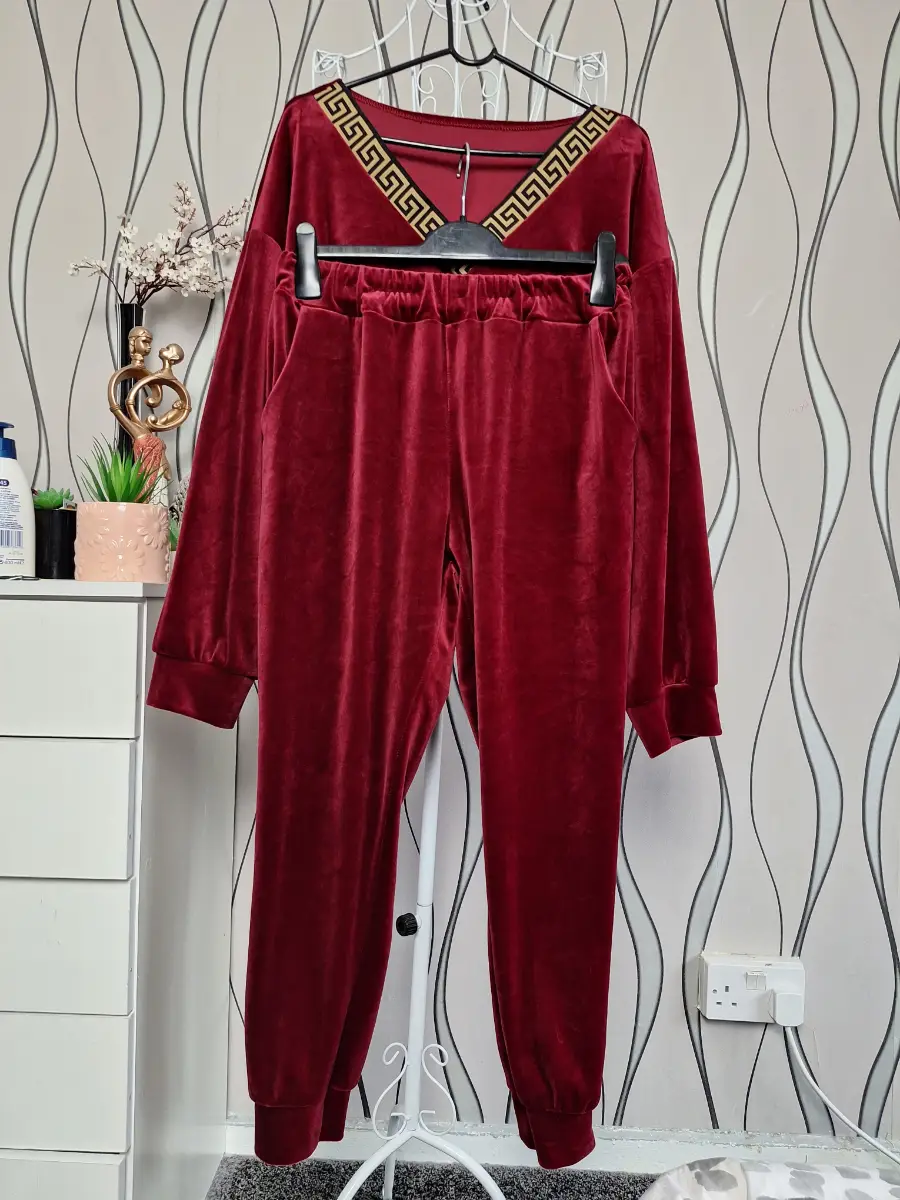 Burgundy Velour Loungewear Set Greek Trim UK 14