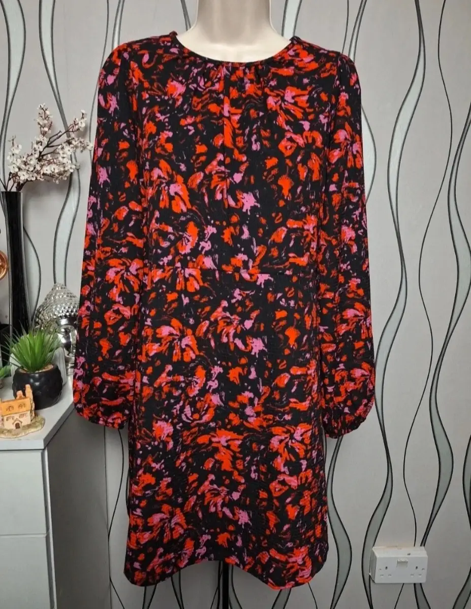 Primark Floral Long Sleeve Dress Red Multi UK 10-12