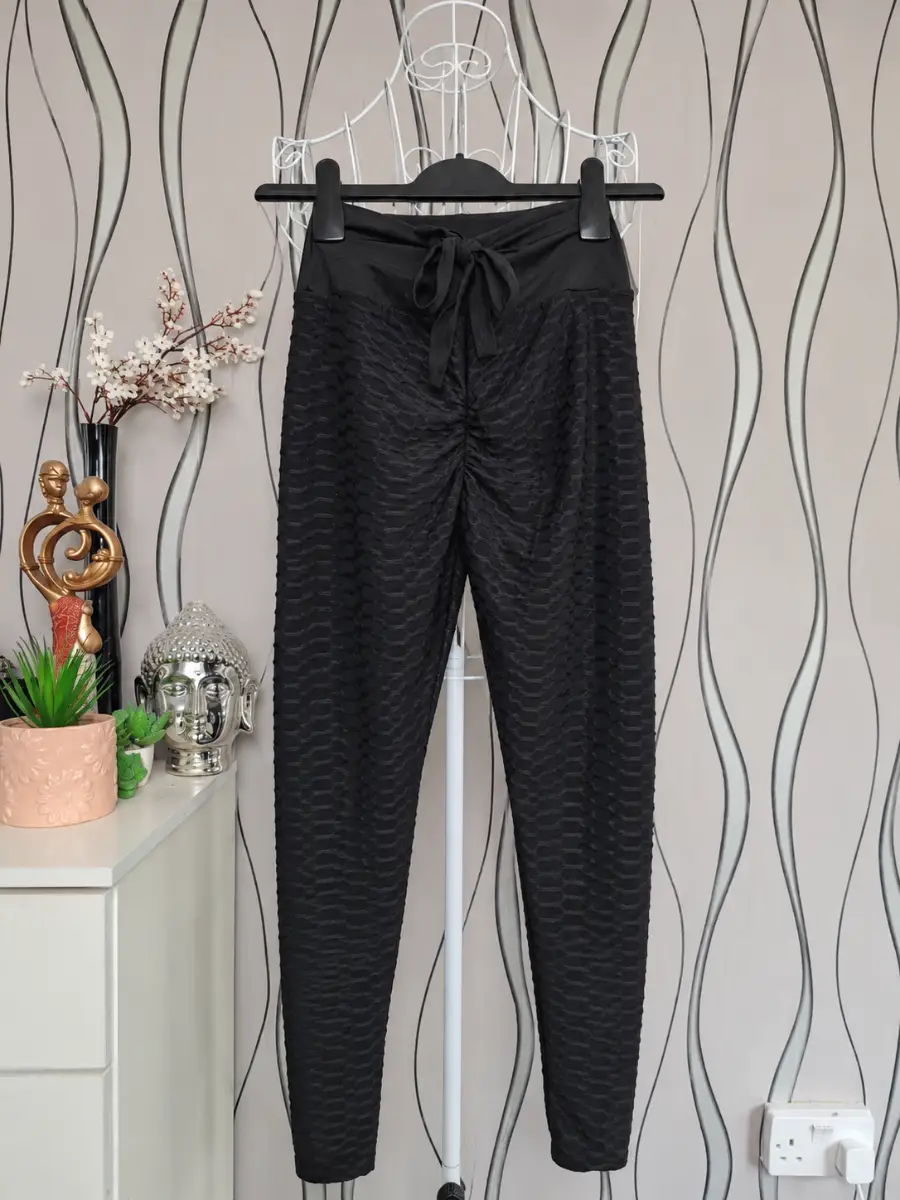Black Textured Ruched Bum Leggings Tie Back UK 8-10