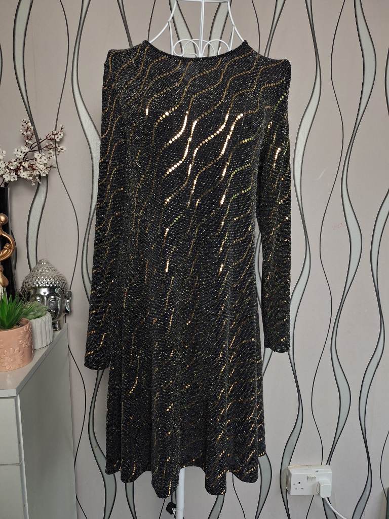 Blue Vanilla Black Gold Glitter Skater Dress UK 8 10 Party Occasion
