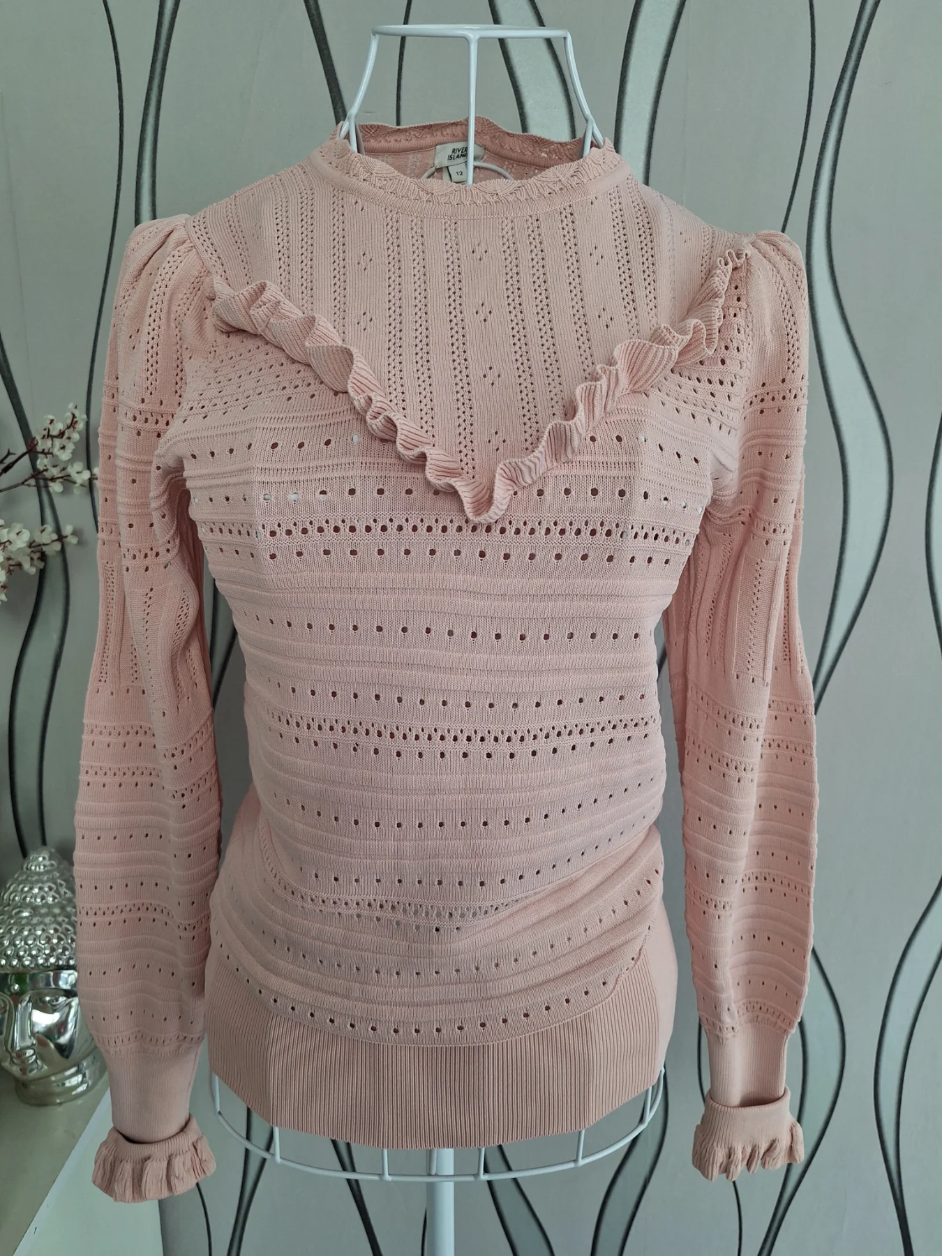 River Island Pink Open Knit Jumper Size 12 Ruffle Puff Sleeves