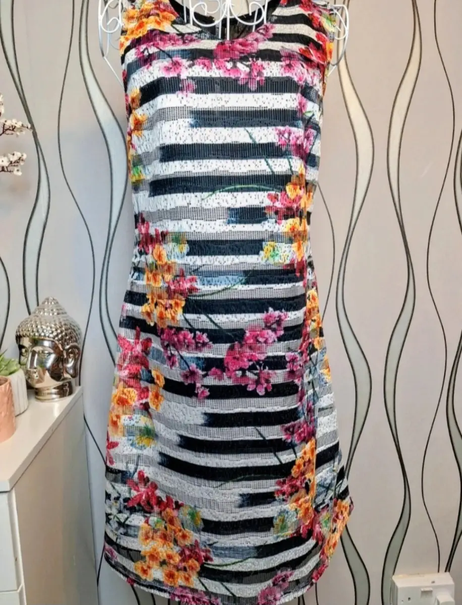 Sleeveless Floral Stripe Dress UK 12
