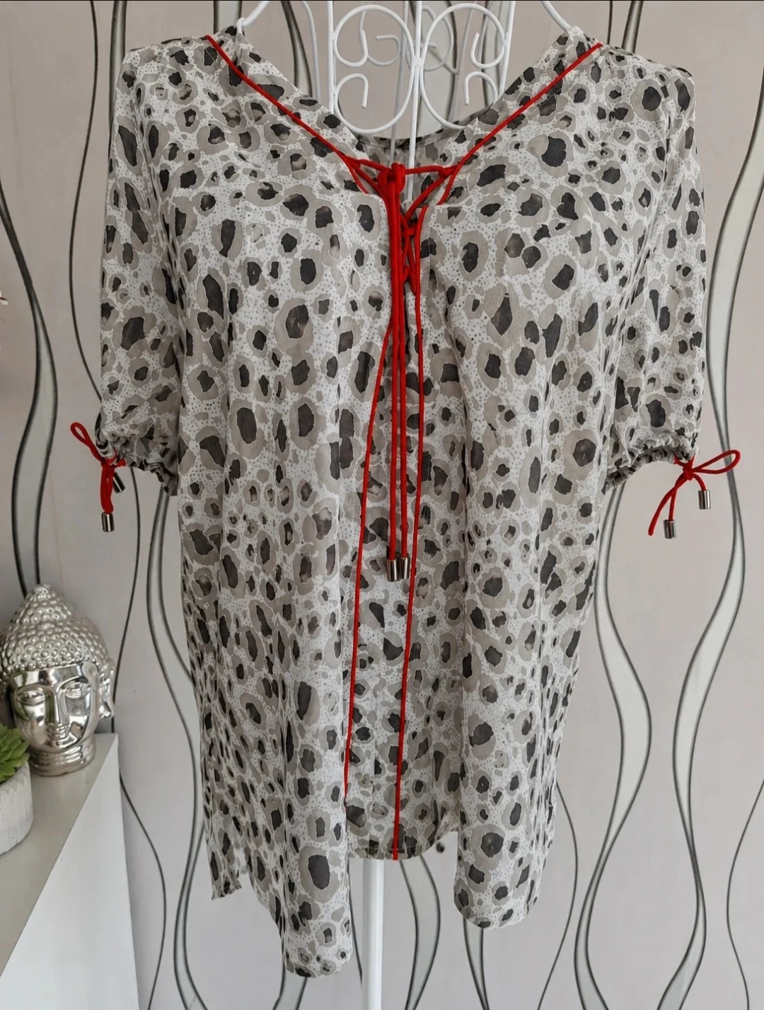 Tuzzi Animal Print Blouse Beige Brown Red Detail UK 14