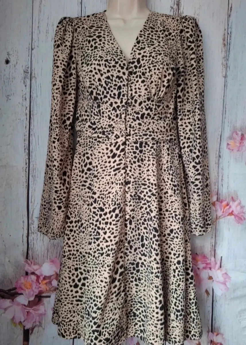 Primark Leopard Print Midi Dress V Neck Long Sleeve UK 6