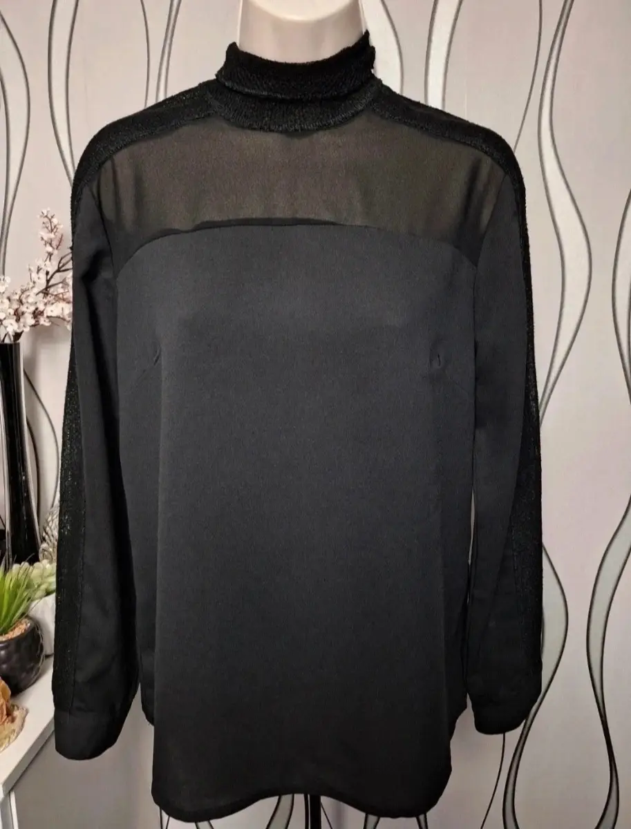 Adiva Black Sheer High Neck Long Sleeve Blouse UK 8-10 Elegant Top