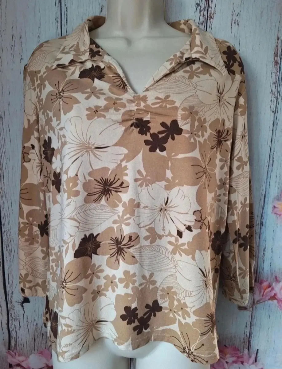 Editions Floral Stretch Top UK 16 Beige Brown 3/4 Sleeve
