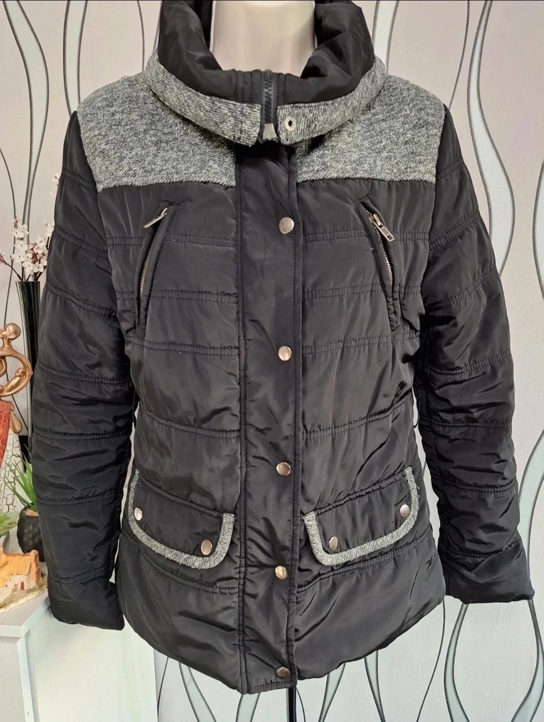 Atmosphere Quilted Jacket Black Grey Panel Zip Pockets UK 8