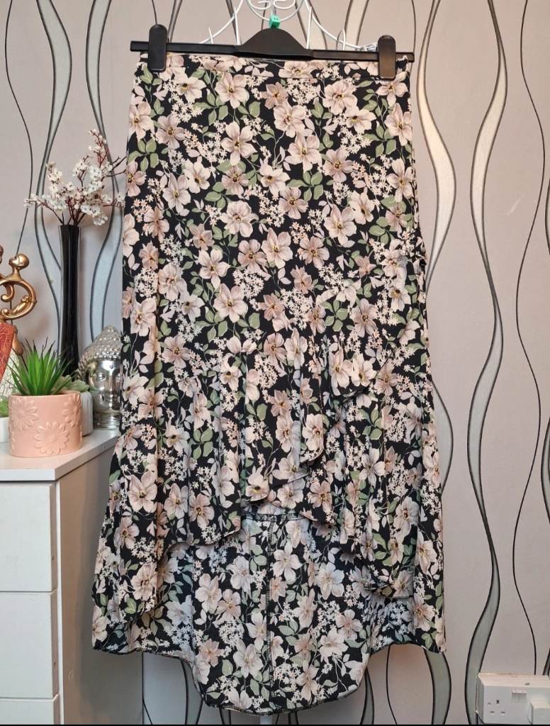 Primark Floral Asymmetric Midi Skirt Ruffle Hem UK 14