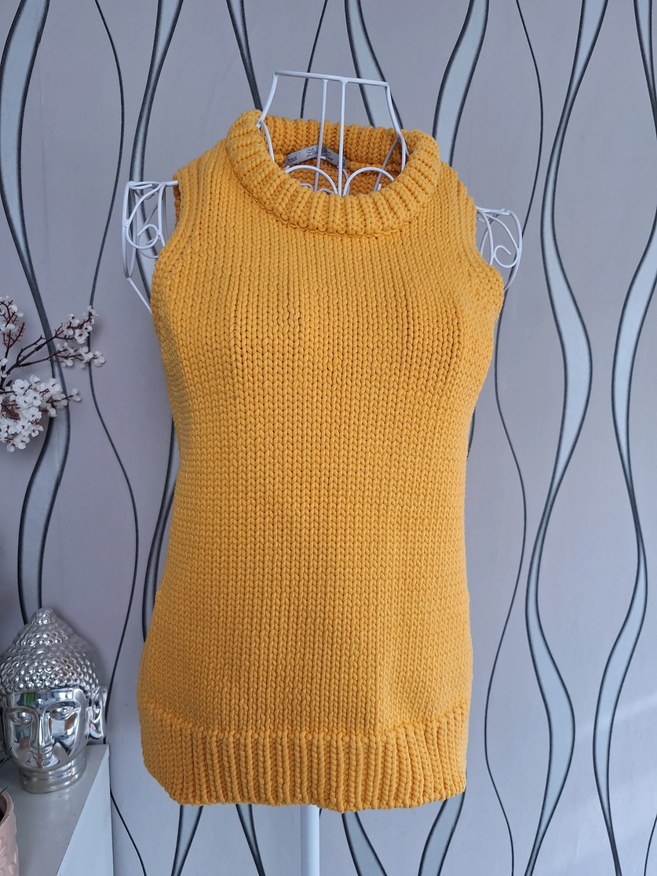 Mustard Yellow Chunky Knit Sleeveless Jumper Roll Neck M UK 12–14