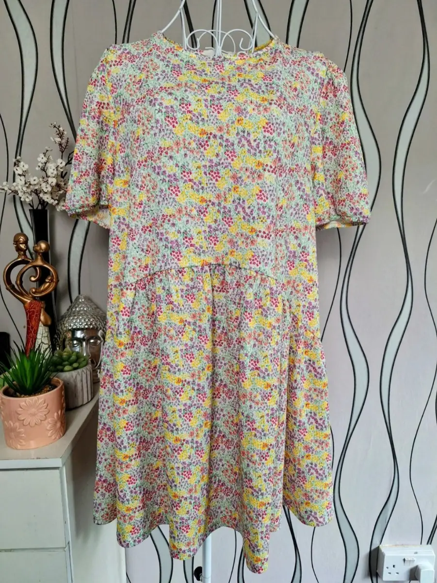 Primark Floral Mini Dress UK 14/16 Multicolour Short Sleeve