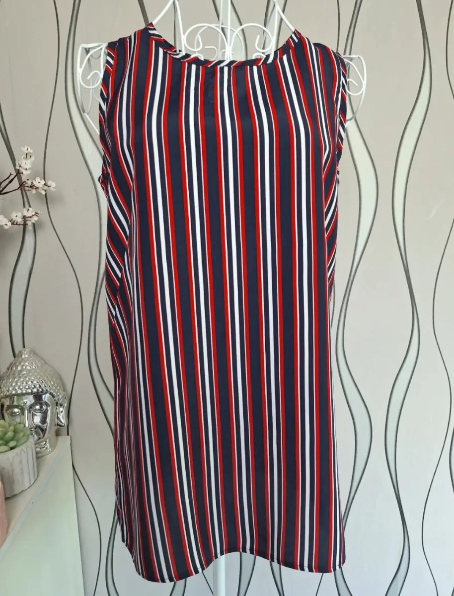 City Look Sleeveless Striped Tunic Top Dress UK 8 Navy Red White Viscose