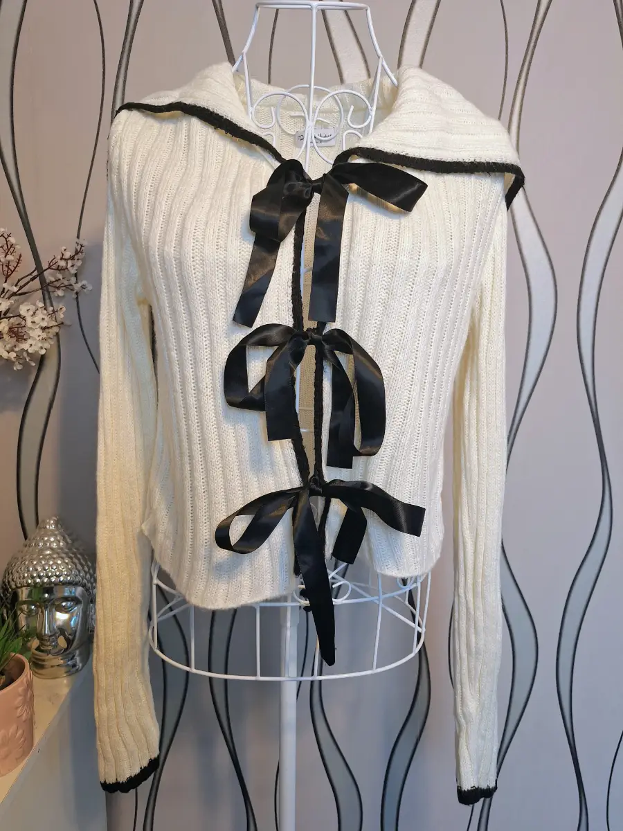 Miss Selfridge Cream Ribbed Knit Bow Tie Cardigan UK 8-10