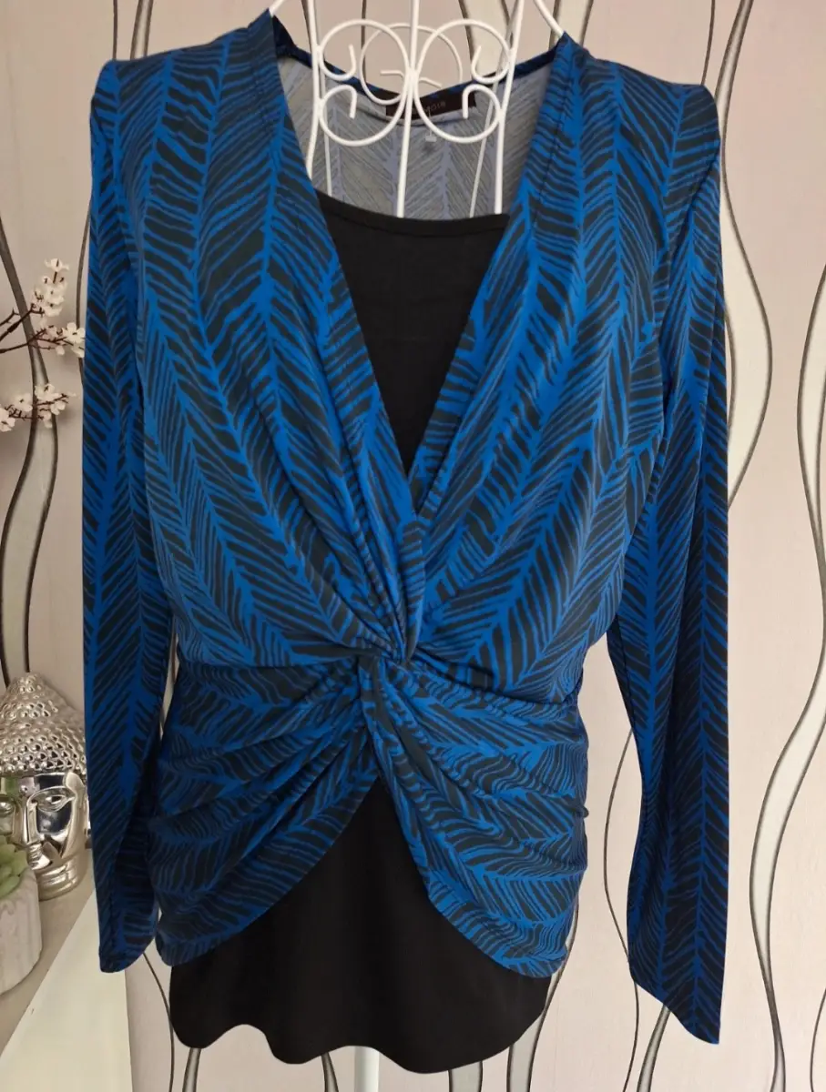 Savoir Blue Black Wrap Twist Blouse UK 14 Stretch Top